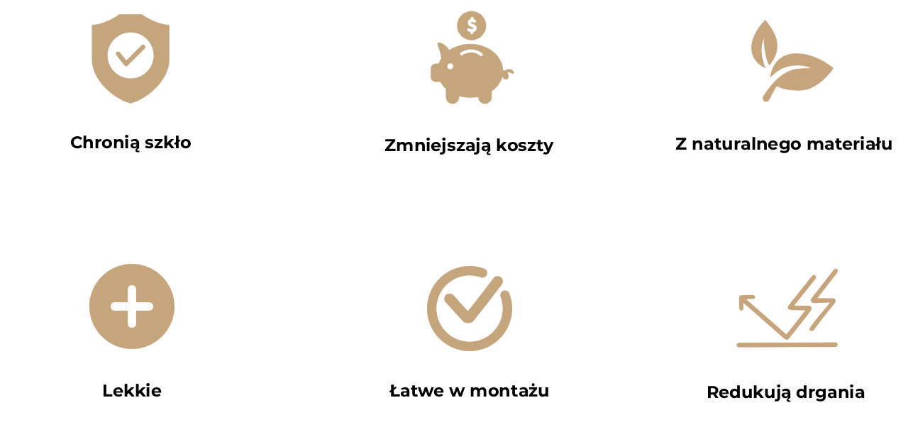 Obraz przedstawia sześć ikon opisujących zalety przekładek korkowych do szkła Low Tack.